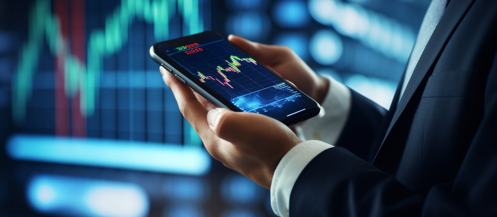 A person in a dark suit holds a smartphone displaying colorful line charts, with blurred financial graphs on a screen in the background.