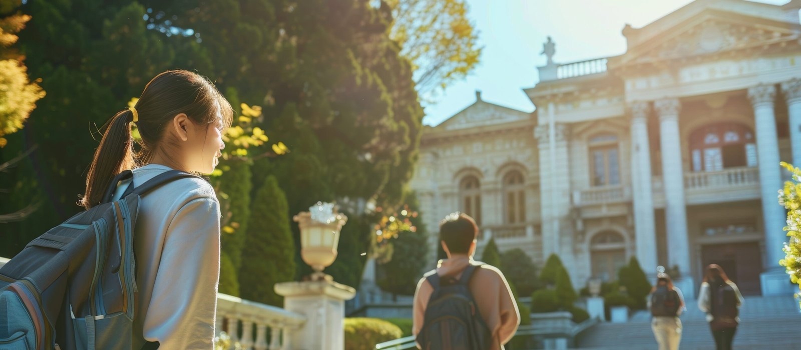 Students wearing backpacks walk up steps toward a large classical stone building with columns on a sunny day.