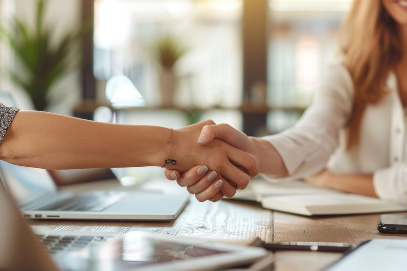 Two people shake hands across a wooden desk with a laptop, notebook and phone nearby in a bright office.
