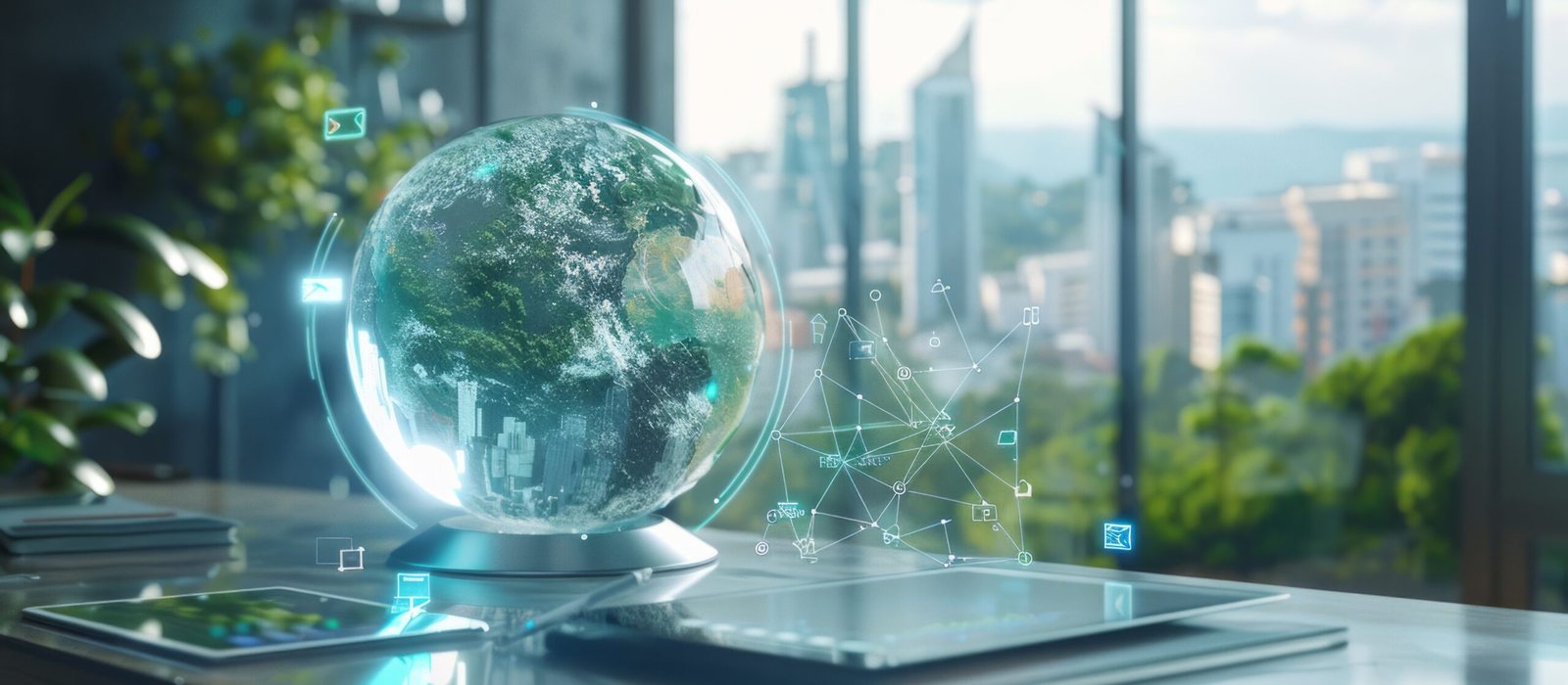 A softly glowing globe on a desk in a modern office, with a city view through the windows.