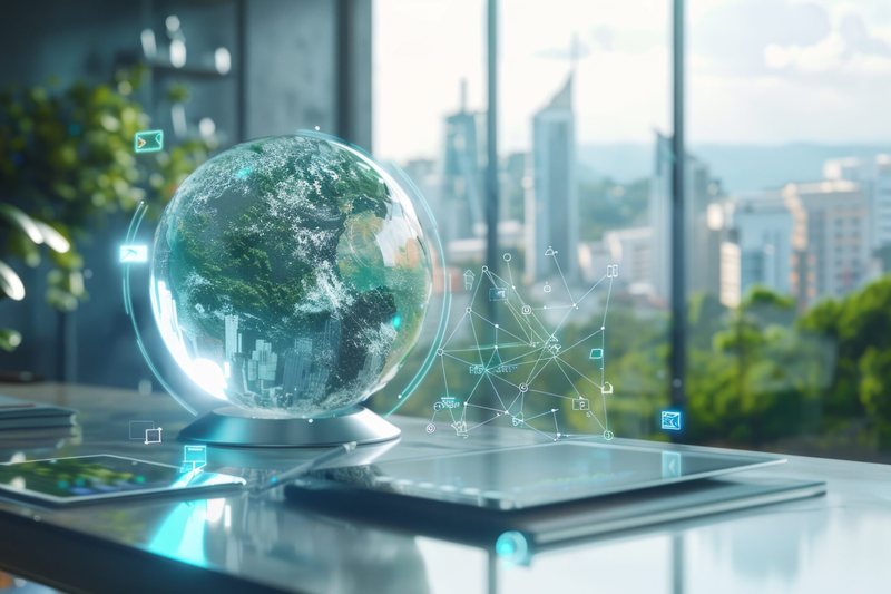 A softly glowing globe on a desk in a modern office, with a city view through the windows.