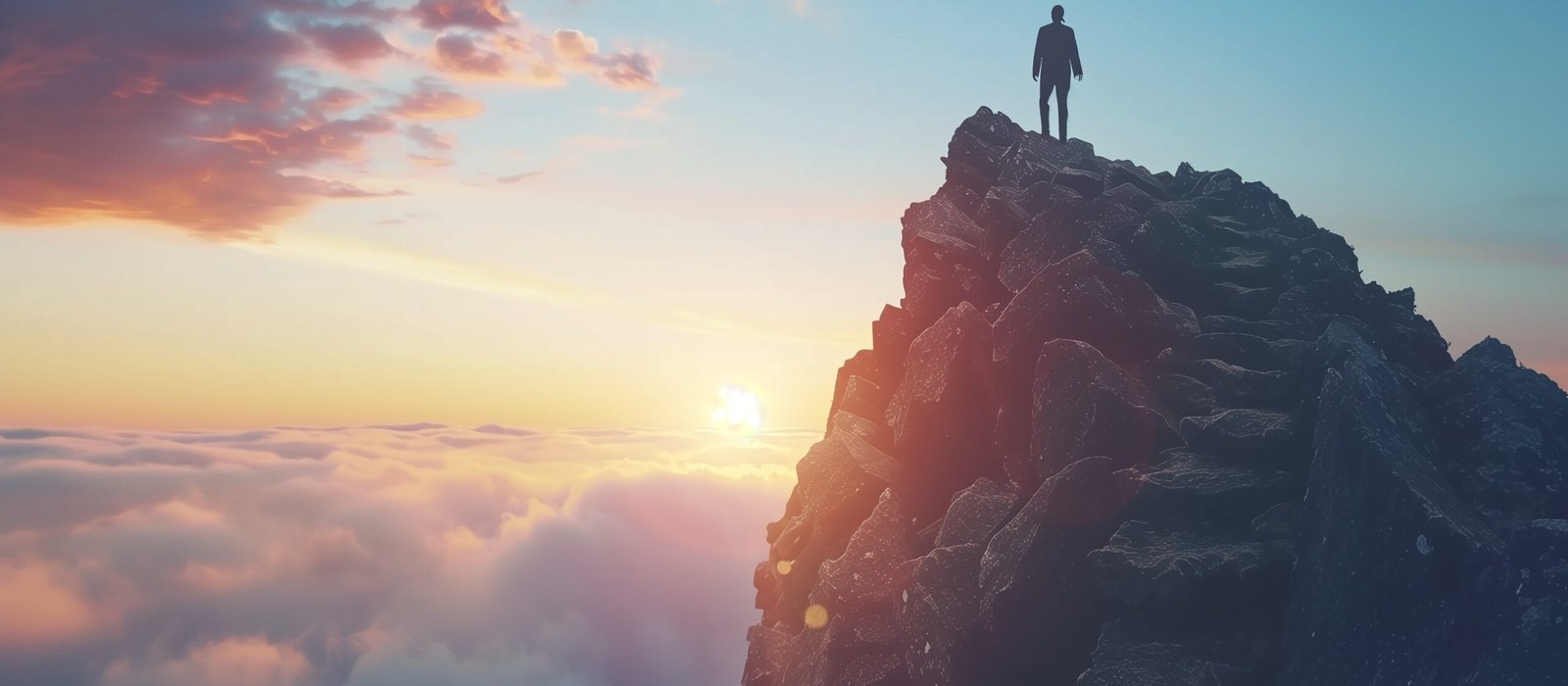 A lone figure stands on a rocky mountain summit above a sea of clouds at sunrise.
