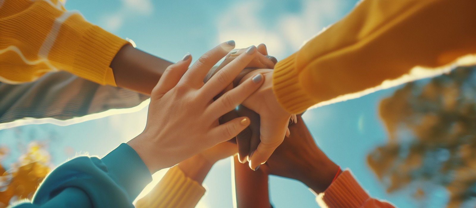 Several hands in yellow, blue, and orange sleeves stacked together against a blue sky with clouds and tree branches.