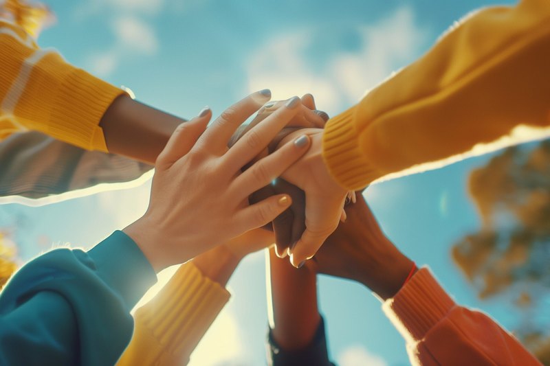 Several hands in yellow, blue, and orange sleeves stacked together against a blue sky with clouds and tree branches.