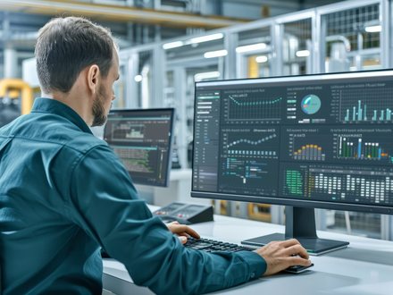 A person at a workstation reviewing charts and data dashboards on a large monitor.