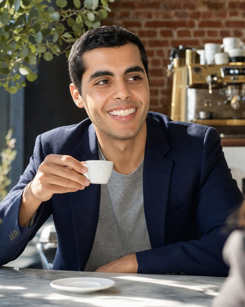 Mark Elbadramany smiling and holding an espresso cup at a marble cafe counter, with an espresso machine and an exposed brick wall behind him.
